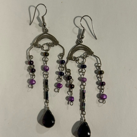 Boho Chic Silver and Purple Dangle Earrings - Picture 6 of 12